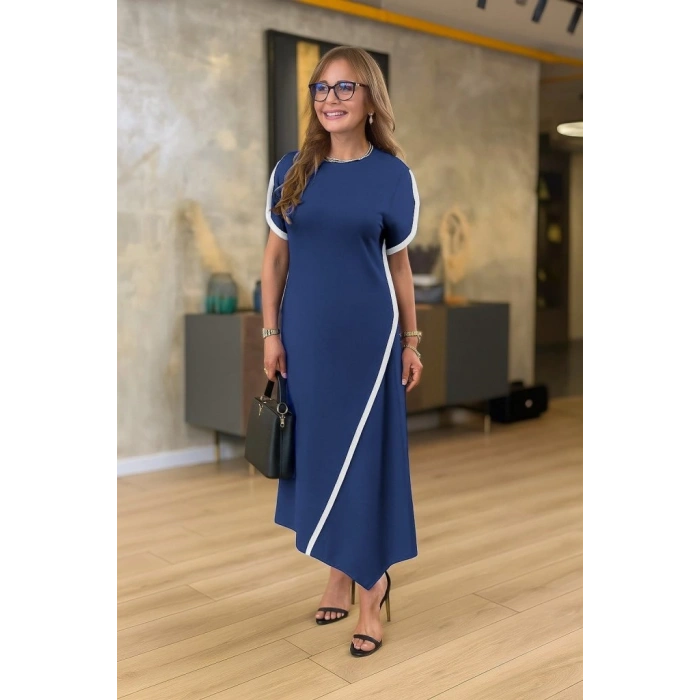 Kadın Kısa Kollu Bisiklet Yaka çift şerit Renk Detaylı Asimetrik Kesim Viskon Iki Iplik Elbise