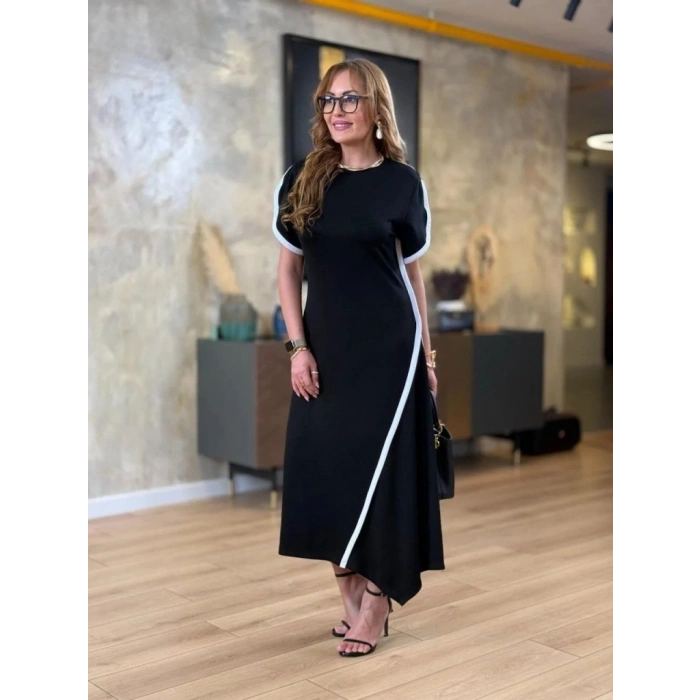 Kadın Kısa Kollu Bisiklet Yaka çift şerit Renk Detaylı Asimetrik Kesim Viskon Iki Iplik Elbise