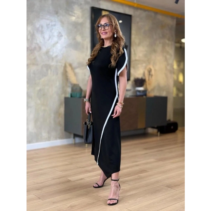 Kadın Kısa Kollu Bisiklet Yaka çift şerit Renk Detaylı Asimetrik Kesim Viskon Iki Iplik Elbise