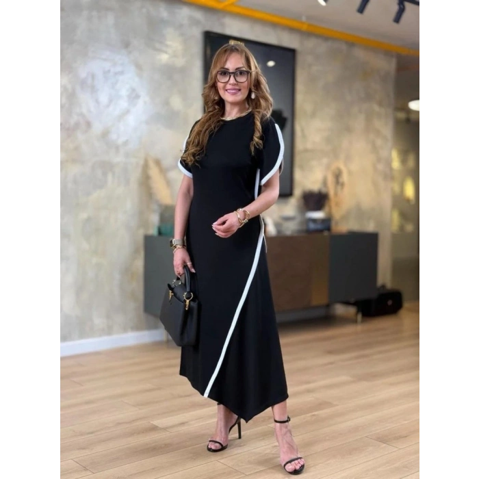 Kadın Kısa Kollu Bisiklet Yaka çift şerit Renk Detaylı Asimetrik Kesim Viskon Iki Iplik Elbise