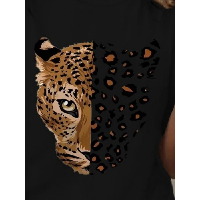 Kadın Kısa Kollu Bisiklet Yaka Desenli Viskon Bluz