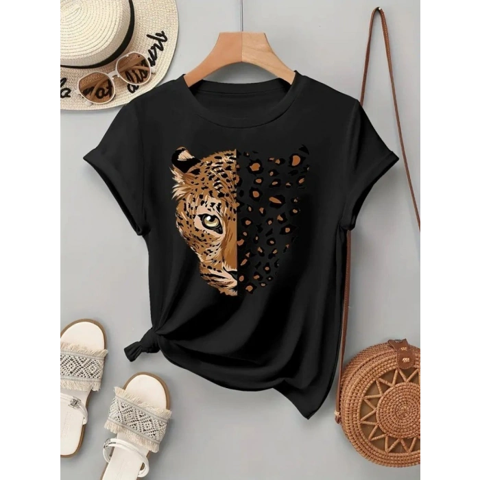 Kadın Kısa Kollu Bisiklet Yaka Desenli Viskon Bluz