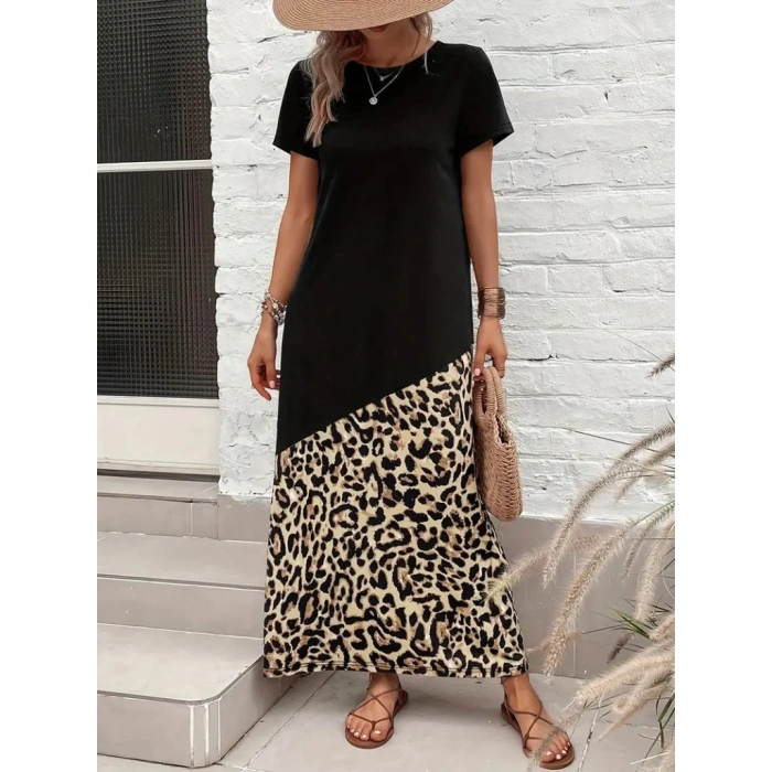 Kadın Kısa Kollu Bisiklet Yaka Leopar Detaylı Midi üst Viskon Alt Süprem Elbise