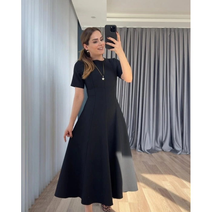 Kadın Kısa Kollu Bisiklet Yaka Maksi Boy Ithal Krep Elbise
