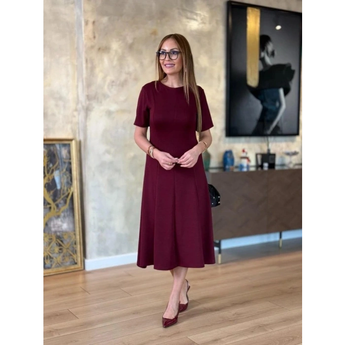 Kadın Kısa Kollu Bisiklet Yaka Midi Viskon Iki Iplik Elbise