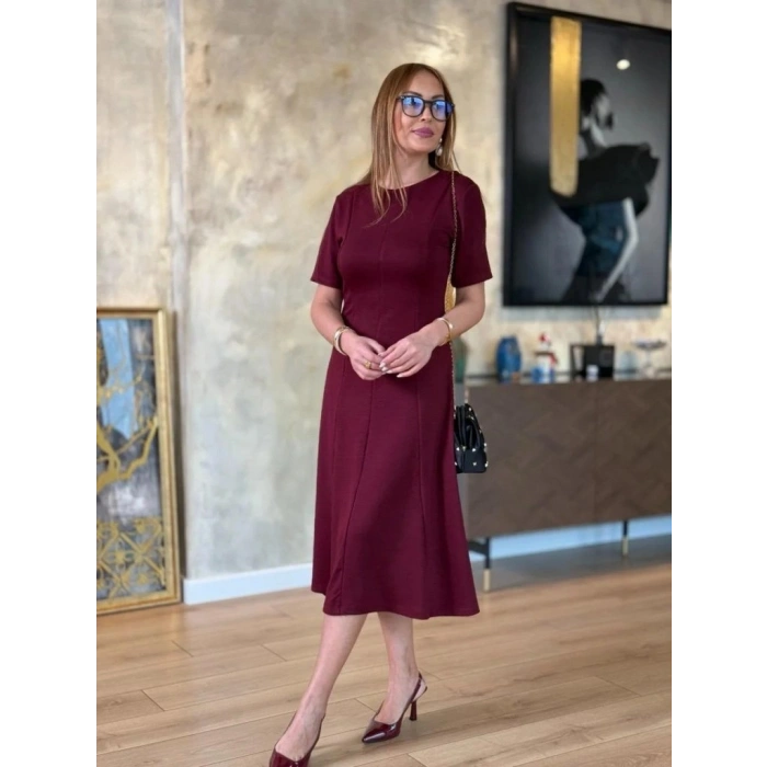 Kadın Kısa Kollu Bisiklet Yaka Midi Viskon Iki Iplik Elbise