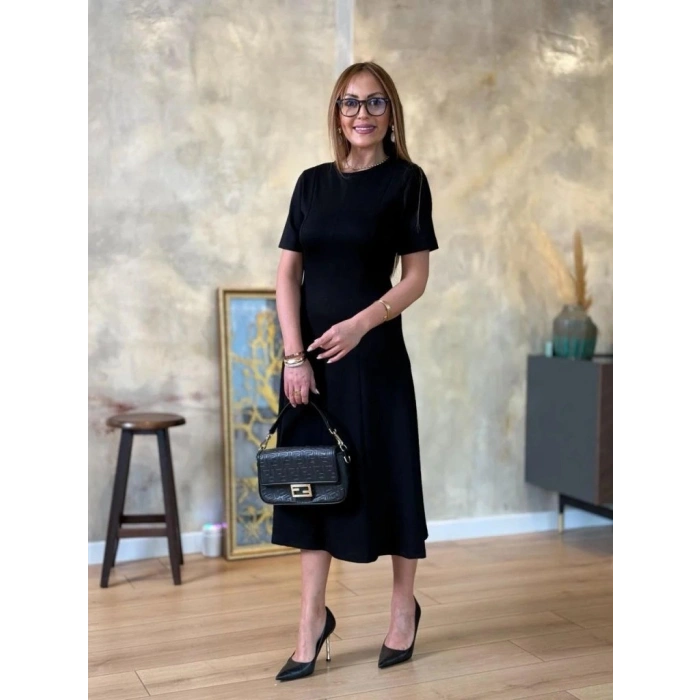 Kadın Kısa Kollu Bisiklet Yaka Midi Viskon Iki Iplik Elbise