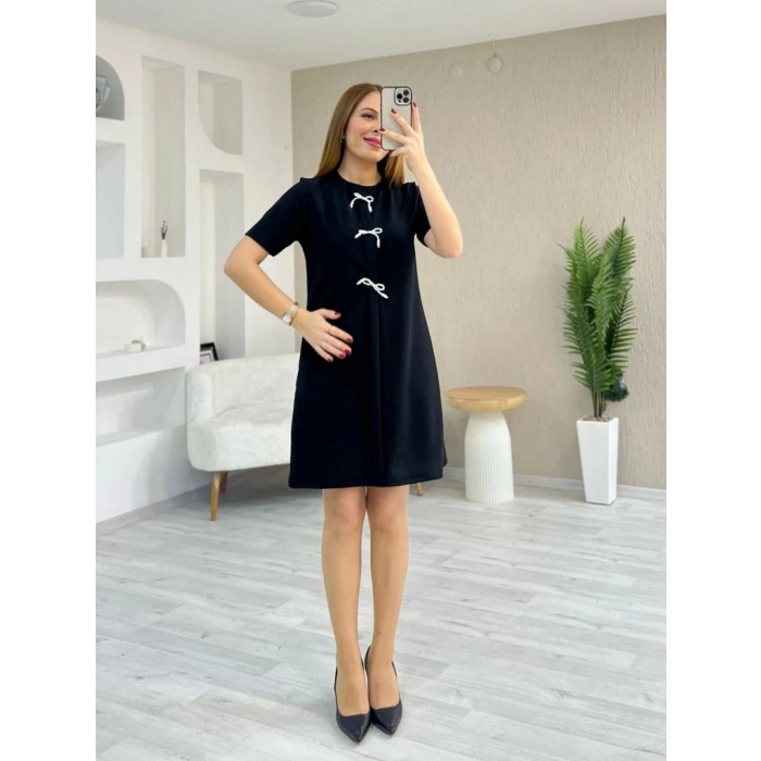 Kadın Kısa Kollu Bisiklet Yaka önden Fiyonk Detaylı Ithal Krep Elbise