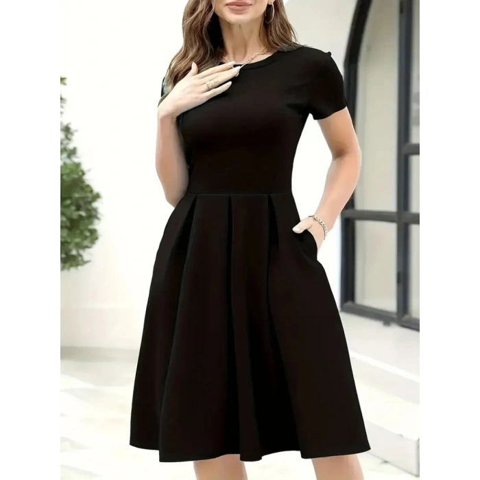 Kadın Kısa Kollu Bisiklet Yaka önden Pile Detaylı Janjan Krep Elbise