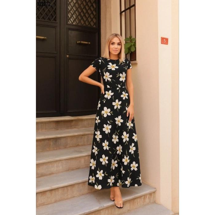 Kadın Kısa Kollu Bisiklet Yaka Puantiyeli Maksi örme Krep Elbise