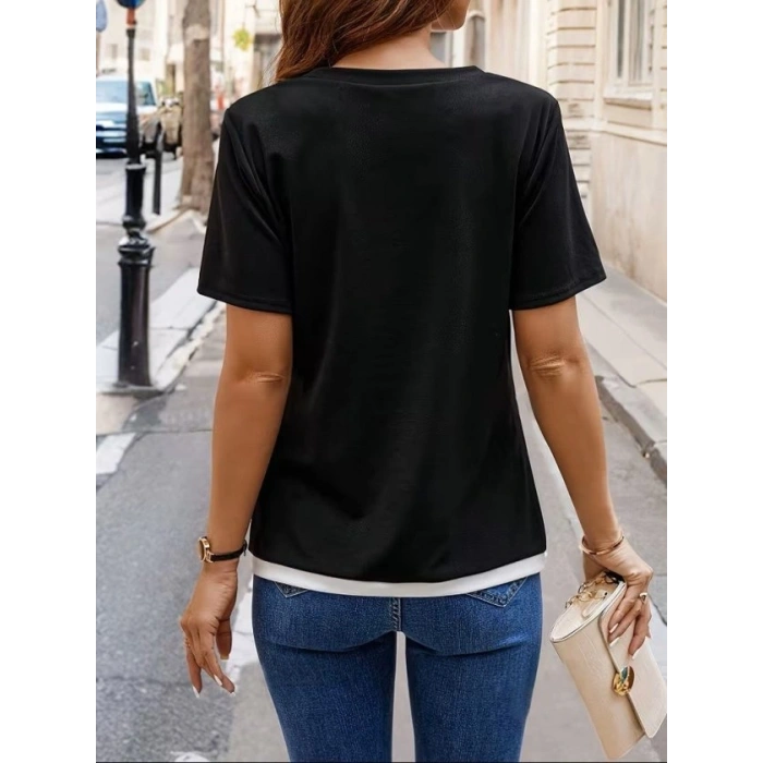 Kadın Kısa Kollu Bisiklet Yaka Viskon Bluz