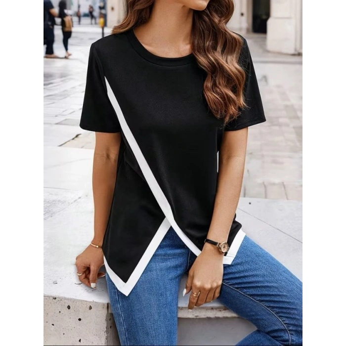 Kadın Kısa Kollu Bisiklet Yaka Viskon Bluz