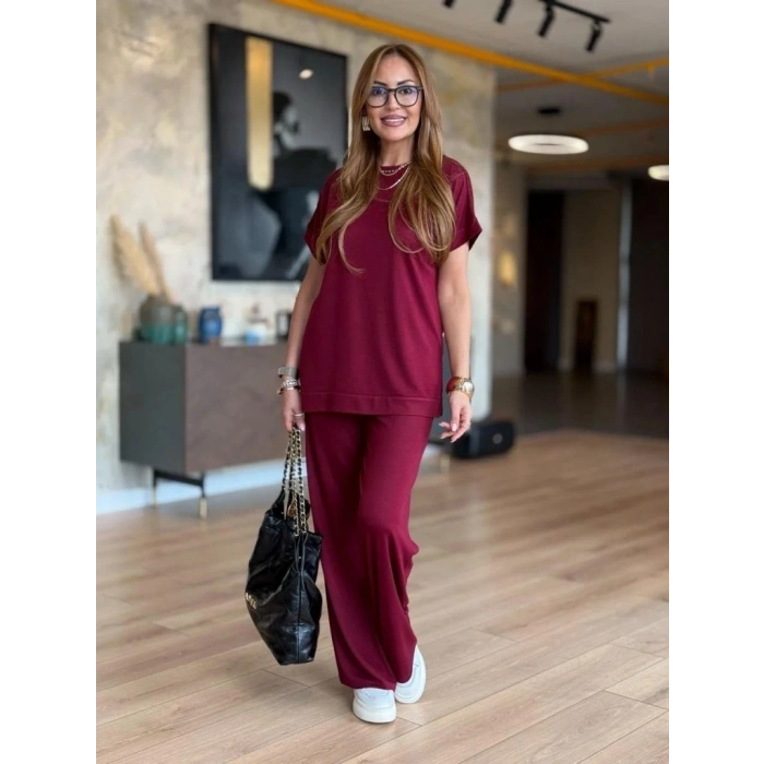 Kadın Kısa Kollu Bisiklet Yaka Viskon Iki Iplik Bluz Ve Pantolon Ikili Takım