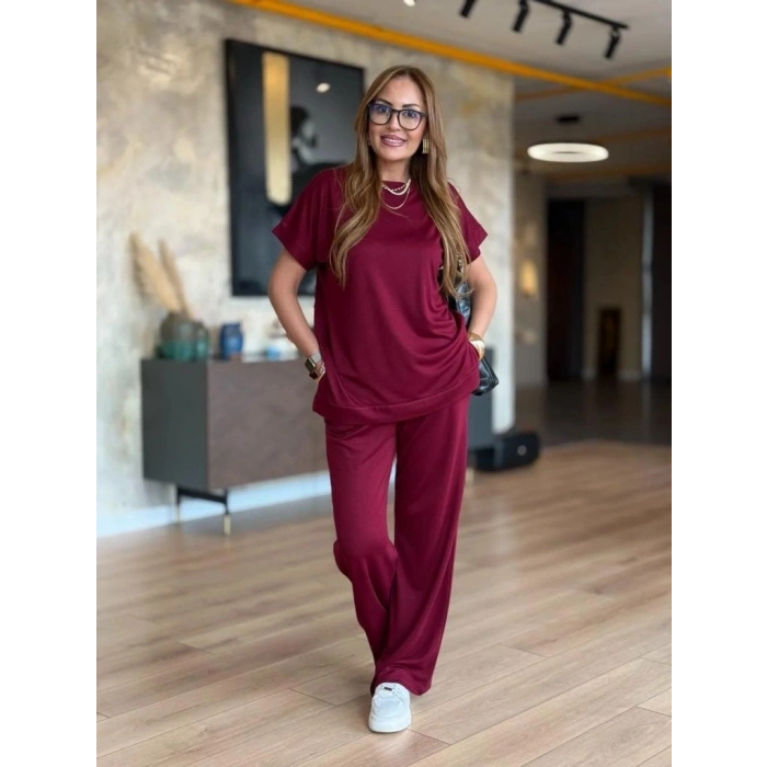 Kadın Kısa Kollu Bisiklet Yaka Viskon Iki Iplik Bluz Ve Pantolon Ikili Takım