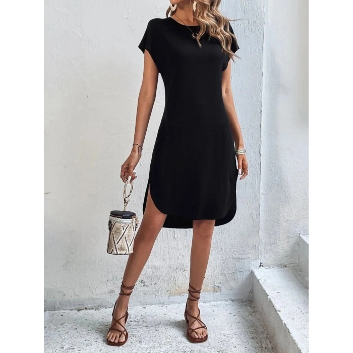 Kadın Kısa Kollu Bisiklet Yaka Viskon Iki Iplik Elbise