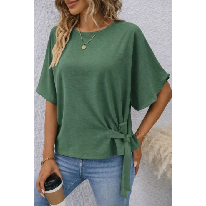 Kadın Kısa Kollu Bisiklet Yaka Yandan Bağcıklı Aerobin Bluz