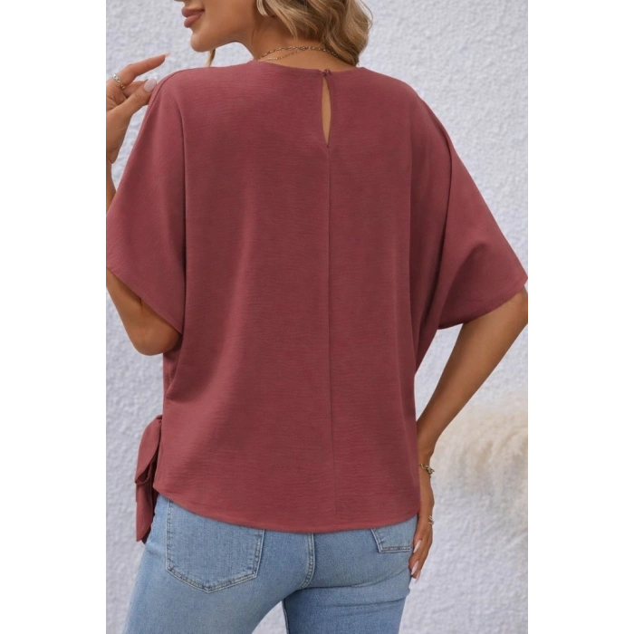 Kadın Kısa Kollu Bisiklet Yaka Yandan Bağcıklı Aerobin Bluz