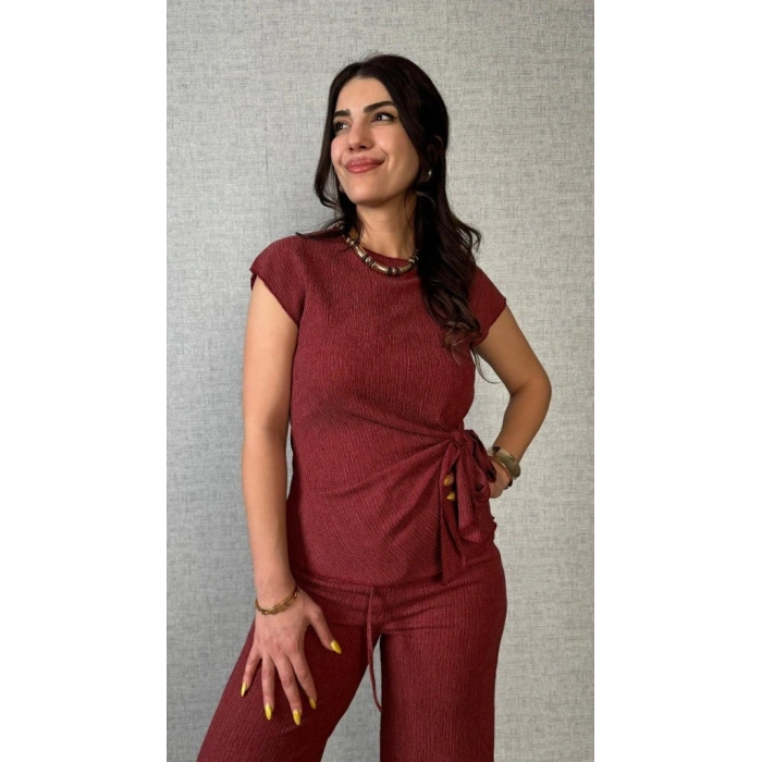 Kadın Kısa Kollu Bisiklet Yaka Yandan Bağlamalı Bürümcük Bluz Ve Pantolon Ikili Takım