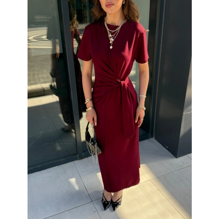 Kadın Kısa Kollu Bisiklet Yaka Yandan Bağlamalı Viskon Iki Iplik Elbise