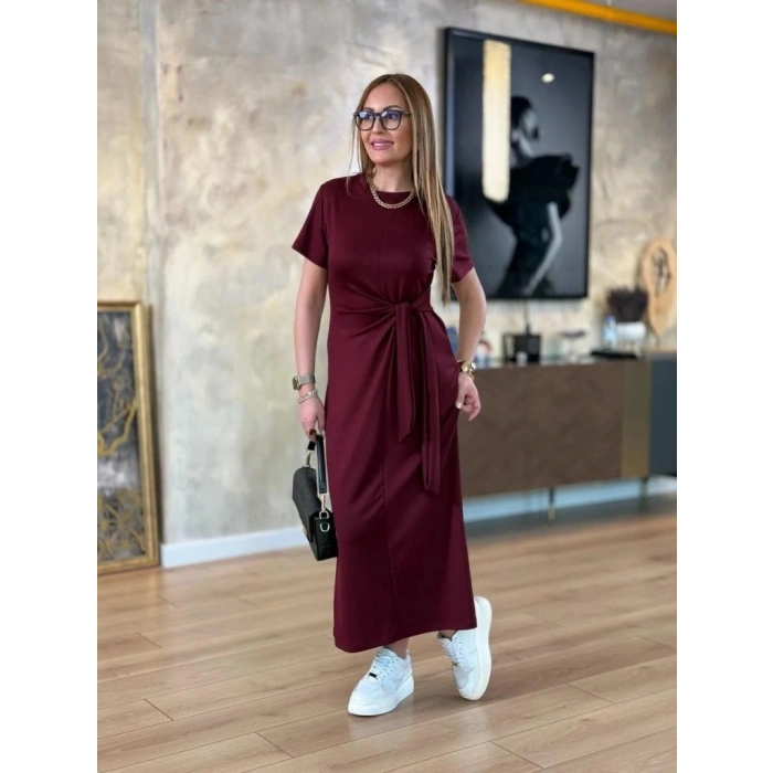 Kadın Kısa Kollu Bisiklet Yaka Yandan Bağlamalı Viskon Iki Iplik Elbise