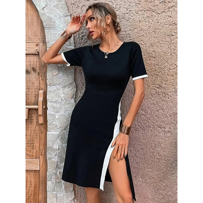 Kadın Kısa Kollu Bisiklet Yaka Yandan Yırtmaçlı Renkli şerit Detay Janjan Krep Elbise