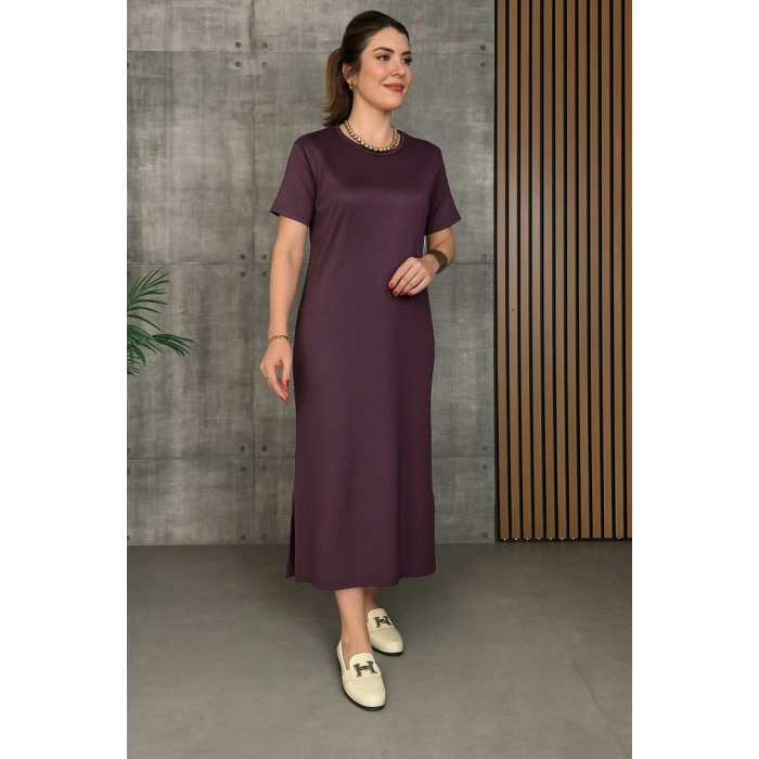 Kadın Kısa Kollu Bisiklet Yaka Yırtmaçlı Viskon Iki Iplik Elbise