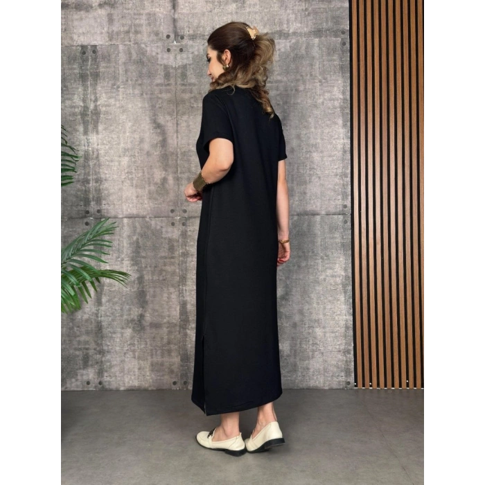 Kadın Kısa Kollu Bisiklet Yaka Yırtmaçlı Viskon Iki Iplik Elbise