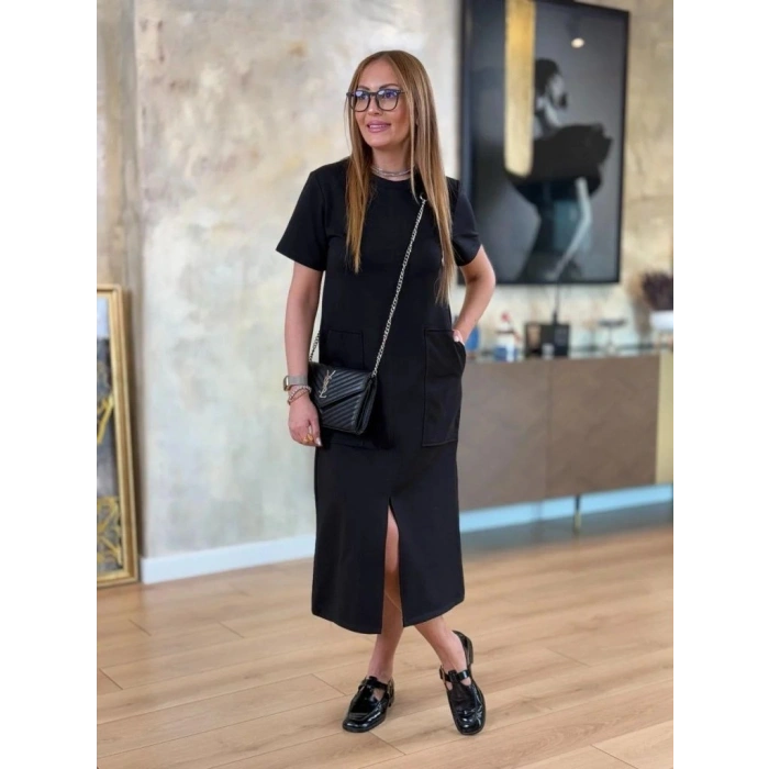 Kadın Kısa Kollu Bisiklet Yakalı Cepli önden Yırtmaçlı Viskon Iki Iplik Midi Elbise