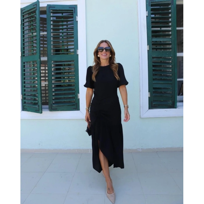 Kadın Kısa Kollu Bisiklet Yakalı Yandan Yırtmaçlı Büzgülü Janjan Krep Elbise