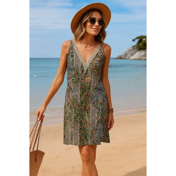 Kadın Kısa Kollu Dantel V Yakalı Desenli Süprem Elbise