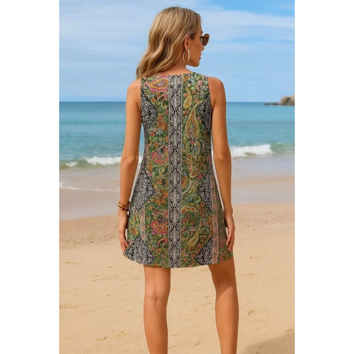 Kadın Kısa Kollu Dantel V Yakalı Desenli Süprem Elbise