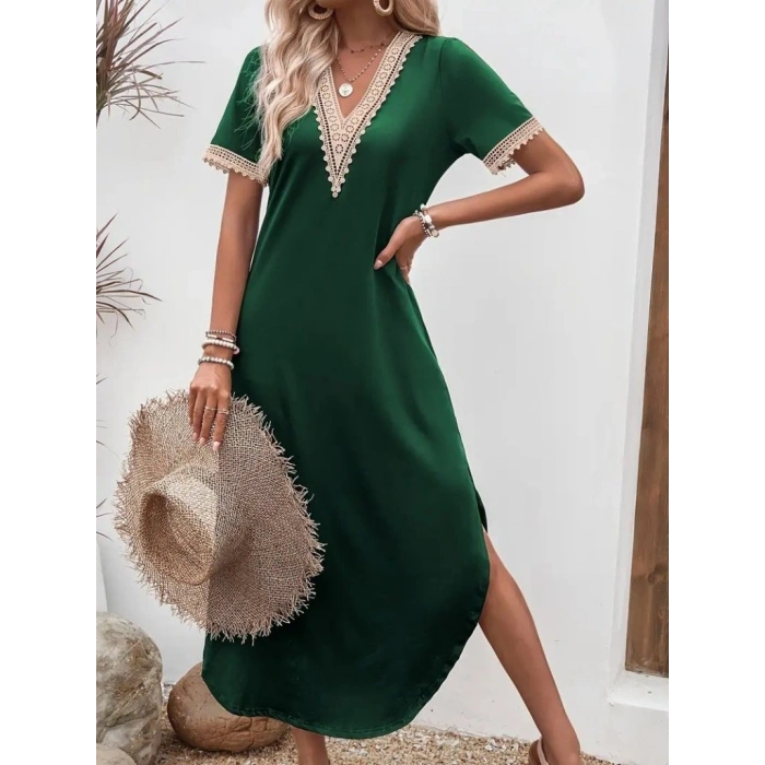 Kadın Kısa Kollu Dantel V Yakalı Uzun Viskon Elbise