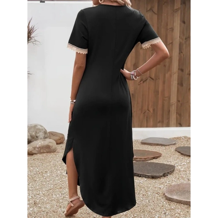 Kadın Kısa Kollu Dantel V Yakalı Uzun Viskon Elbise