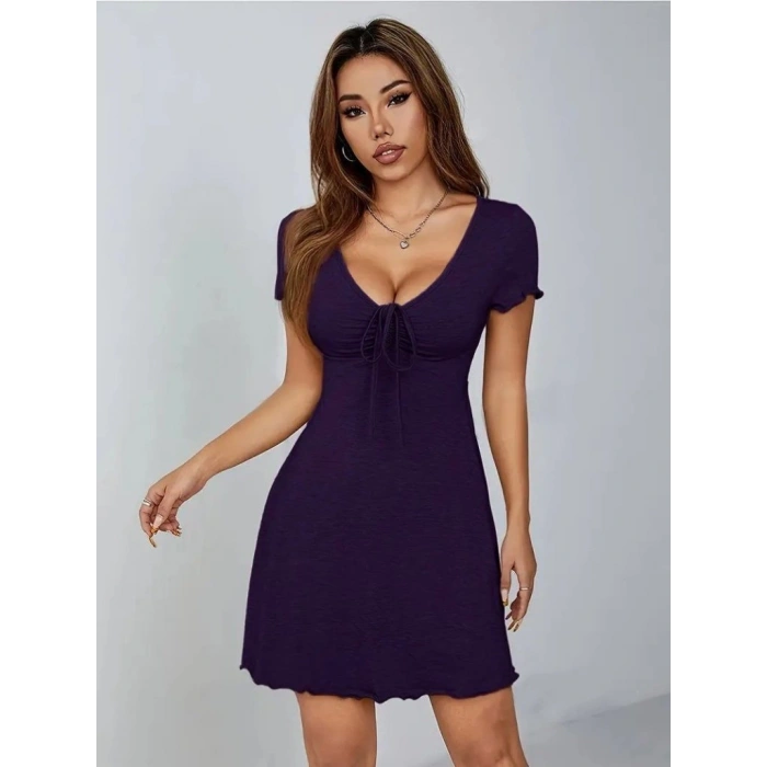 Kadın Kısa Kollu Derin Büzgülü V Yakalı Viskon Elbise