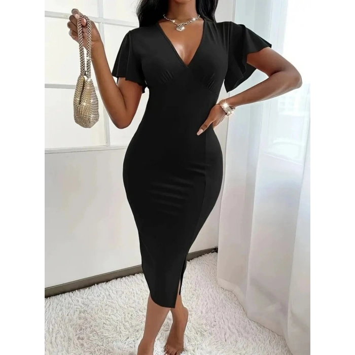 Kadın Kısa Kollu Derin Dekolte V Yakalı Yırtmaçlı Midi Janjan Krep Elbise