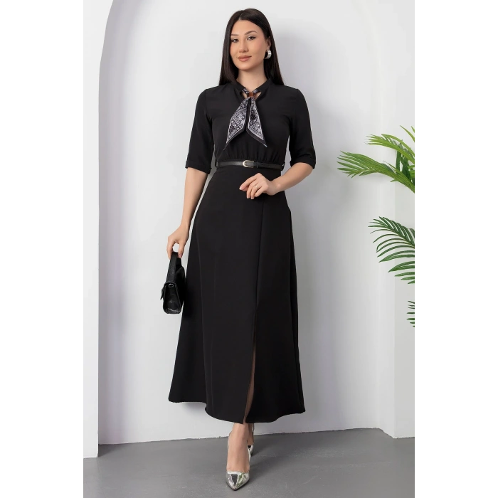 Kadın Kısa Kollu Fular Ve Kemer Detay önden Yırtmaçlı Maxi Boy Elbise