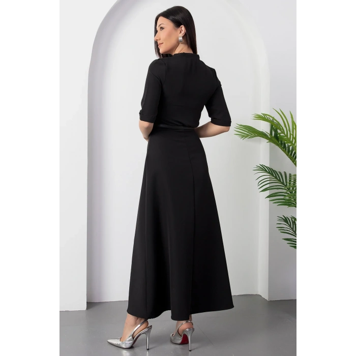 Kadın Kısa Kollu Fular Ve Kemer Detay önden Yırtmaçlı Maxi Boy Elbise