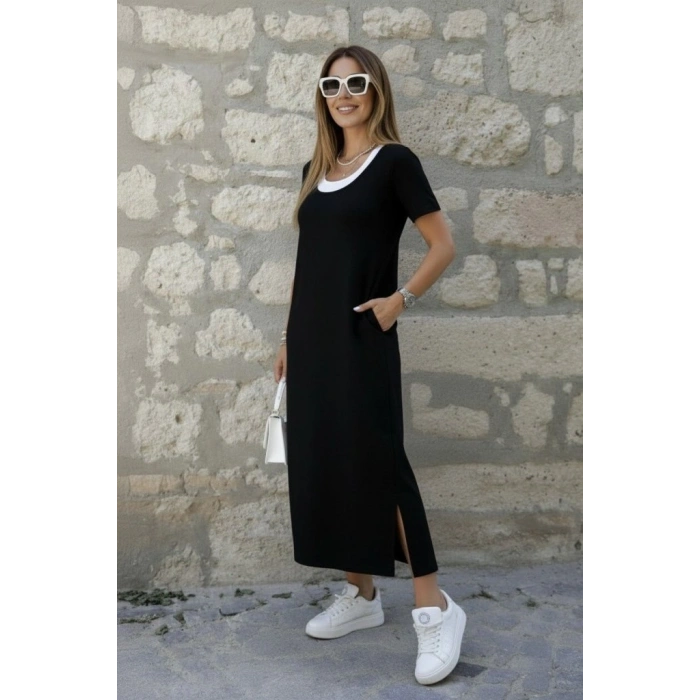 Kadın Kısa Kollu Içi Atlet Görünümlü Yandan Yırtmaçlı Uzun Viskon Elbise