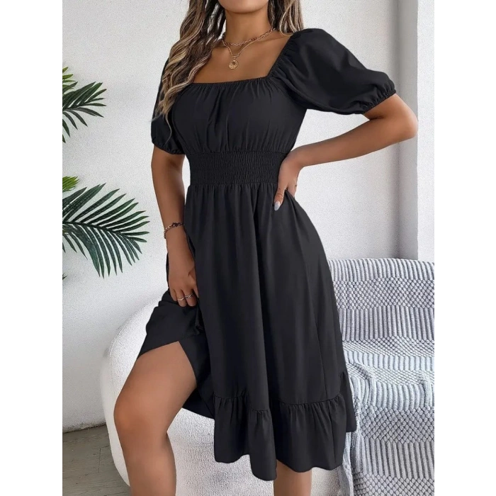 Kadın Kısa Kollu Kare Yakalı Beli Lastikli Kısa Trikoton Elbise