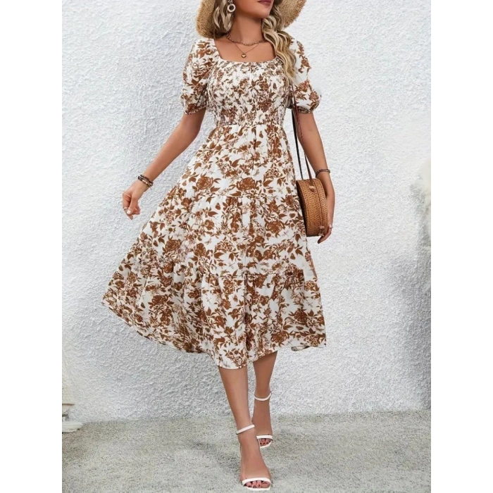 Kadın Kısa Kollu Kare Yakalı Lastikli Desenli Süprem Elbise