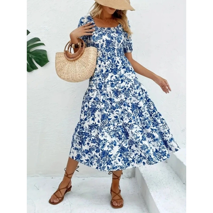 Kadın Kısa Kollu Kare Yakalı Lastikli Desenli Süprem Elbise