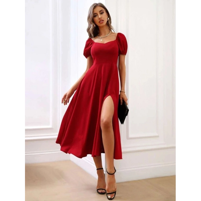 Kadın Kısa Kollu Kare Yakalı Yırtmaçlı Midi Janjan Krep Elbise