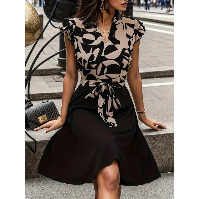 Kadın Kısa Kollu Kolu Fırfır Detay Mini Kuşaklı Kloş Krep Elbise