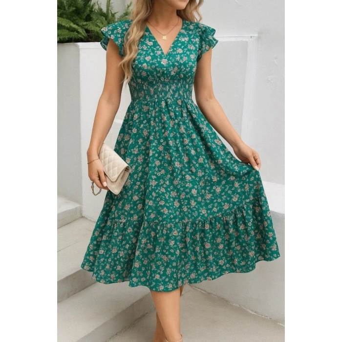 Kadın Kısa Kollu Kruvaze Yaka Beli Lastikli çiçek Desenli Elbise