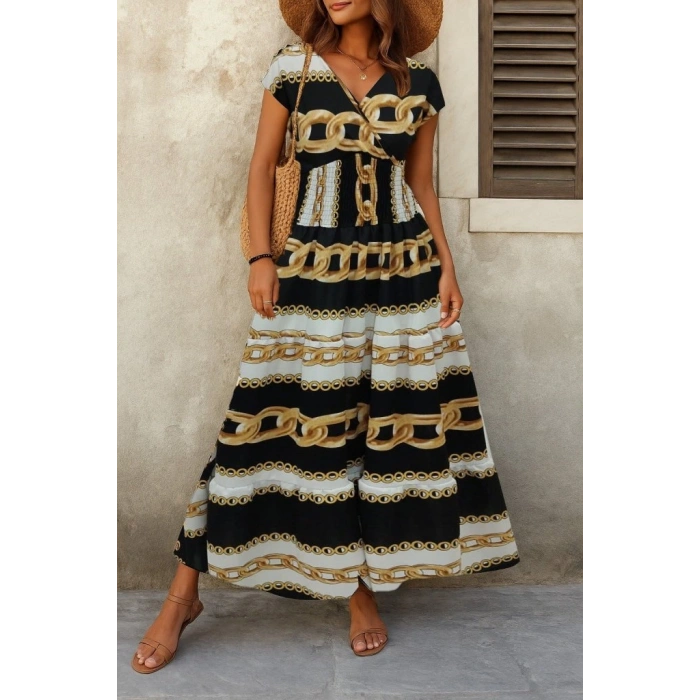 Kadın Kısa Kollu Kruvaze Yaka Beli Lastikli Süprem Maksi Boy Elbise