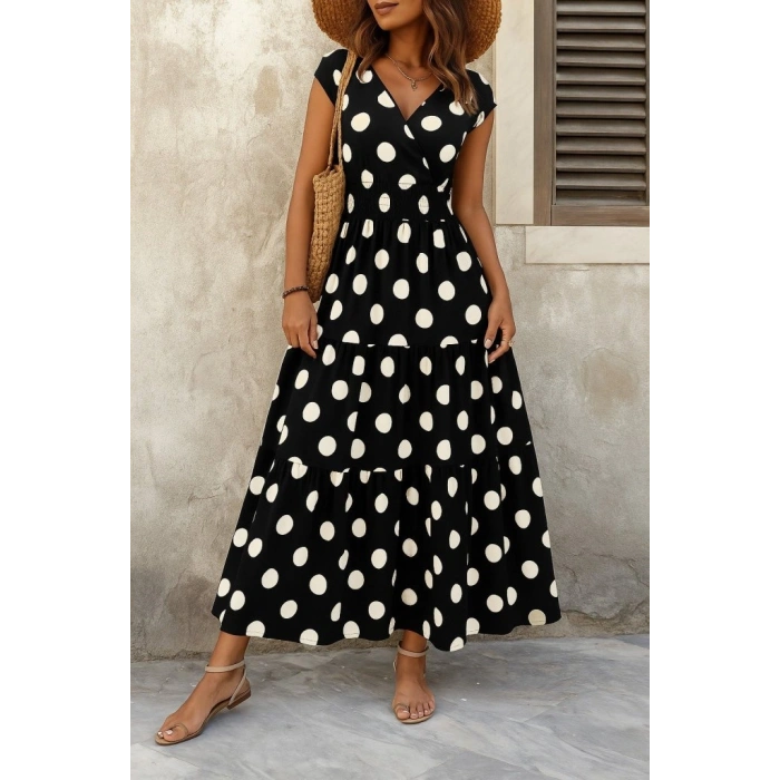 Kadın Kısa Kollu Kruvaze Yaka Beli Lastikli Süprem Maksi Boy Elbise