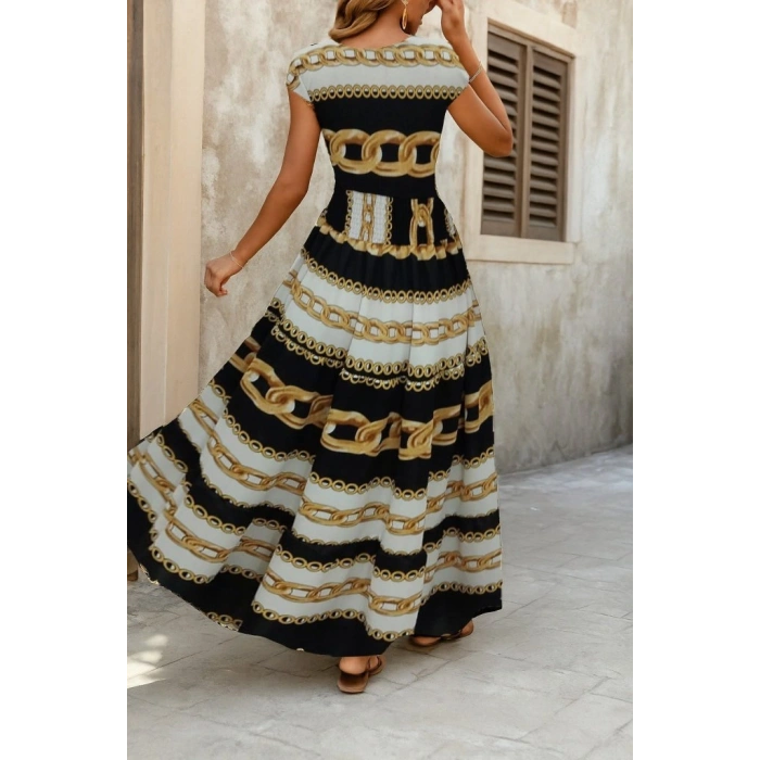 Kadın Kısa Kollu Kruvaze Yaka Beli Lastikli Süprem Maksi Boy Elbise