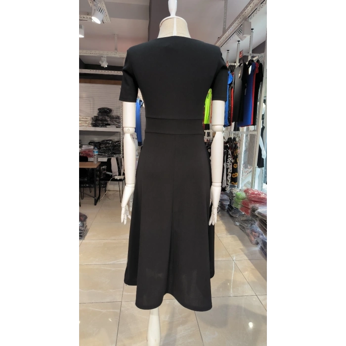 Kadın Kısa Kollu Kruvaze Yaka Kuşak Ve Toka Detay Krep Elbise