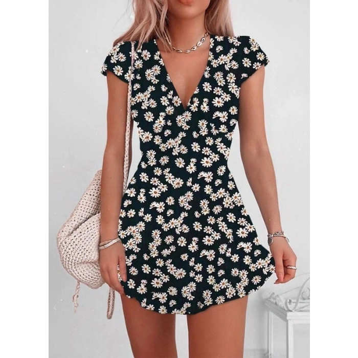 Kadın Kısa Kollu Kruvaze Yaka Papatya Baskılı Krep Elbise