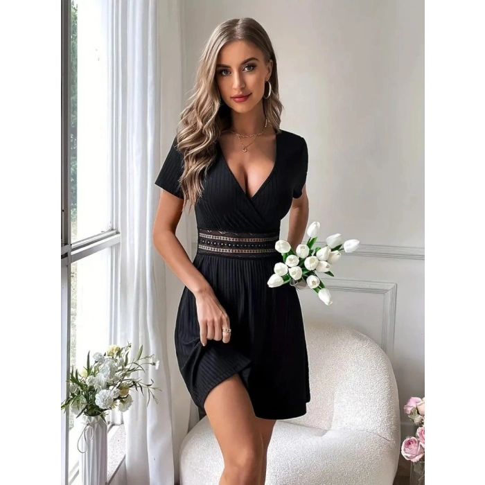 Kadın Kısa Kollu Kruvaze Yakalı Belden Dantelli Kaşkorse Elbise